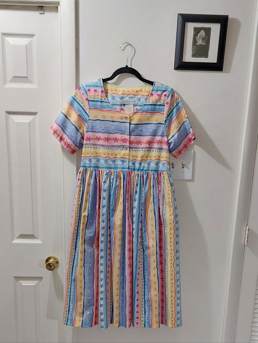 Vintage Striped Midi Dress in Blue, Pink, Yellow, Cream Pittite Small - Picture 2 of 7